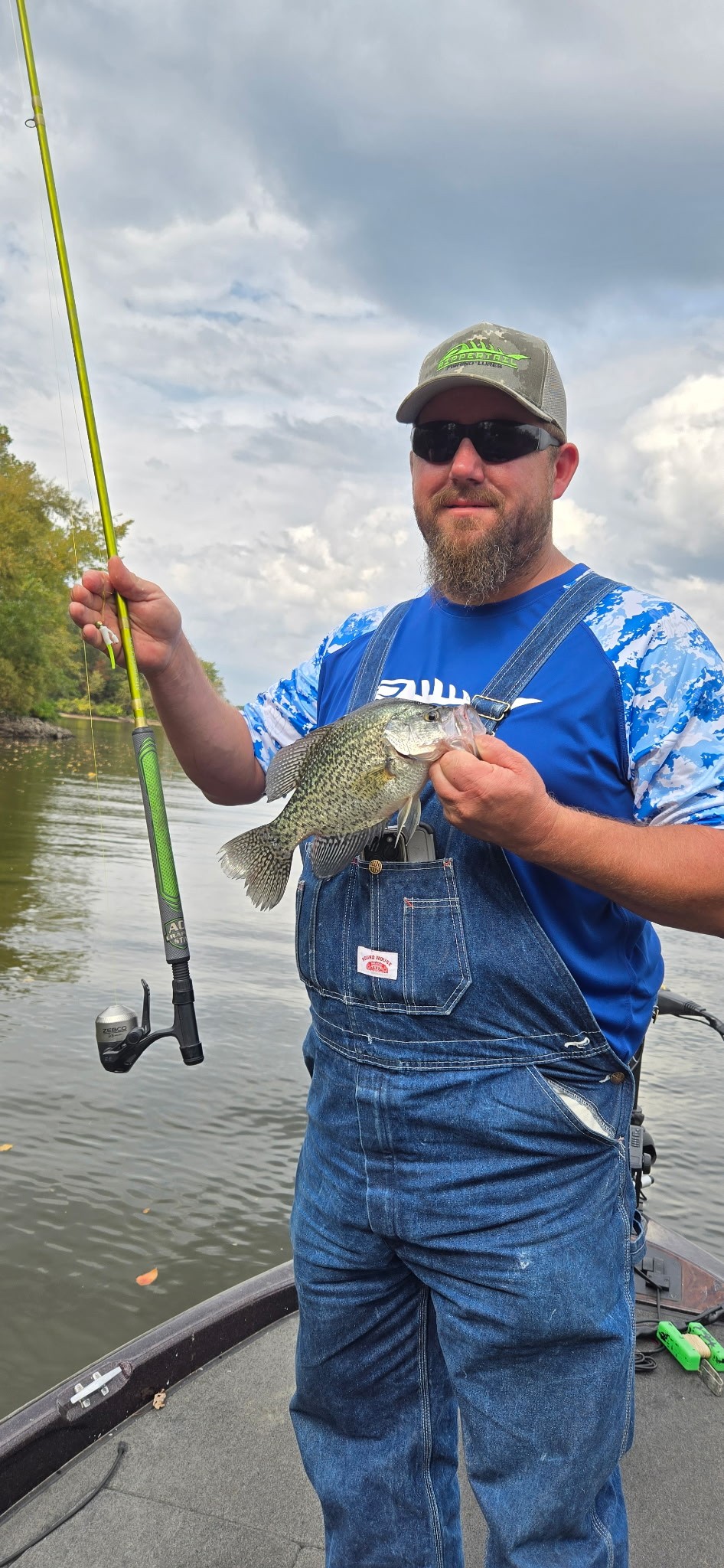 Owner of Rippertail Lures holding a crappie during a guided crappie fishing trip on Rend Lake